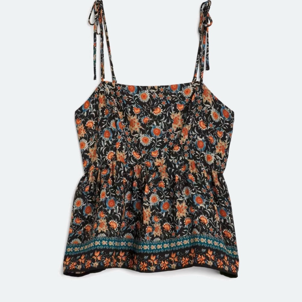 Nine Britton Floral Smocked Tie Strap Tank Top Size Large Boho Peplum